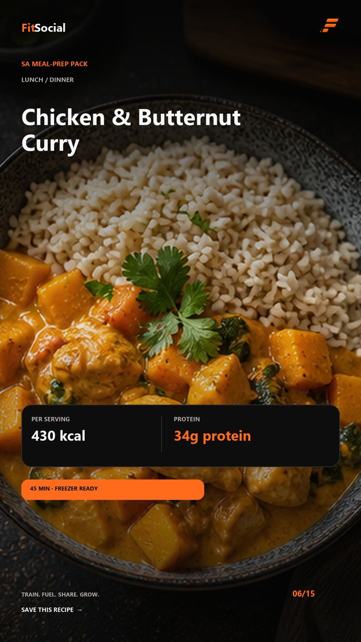 Chicken and butternut curry with rice — 430 kcal, 34g protein