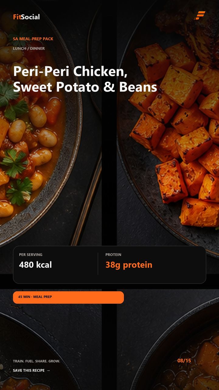 Peri-peri chicken with sweet potato and beans — 480 kcal, 38g protein